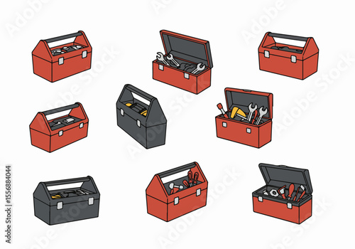 Hand-drawn collection of various toolboxes, some open revealing tools like wrenches and screwdrivers, in red and grey colors, on a white background.