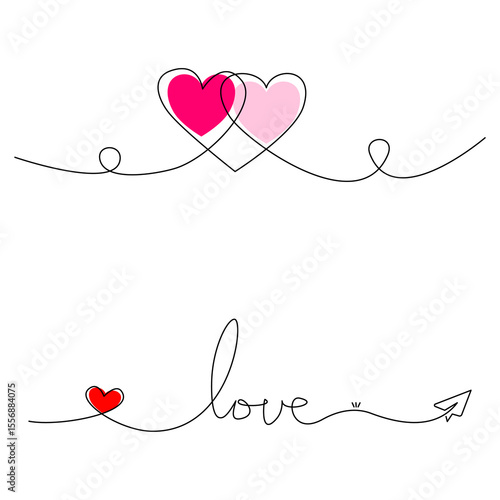 A collection of continuous line art designs featuring love symbols. Includes intertwined hearts with pink fills and outlines, as well as the word 'love' written in a stylish one-line script.