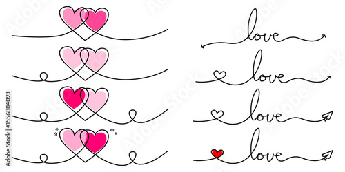 A collection of continuous line art designs featuring love symbols. Includes intertwined hearts with pink fills and outlines, as well as the word 'love' written in a stylish one-line script.