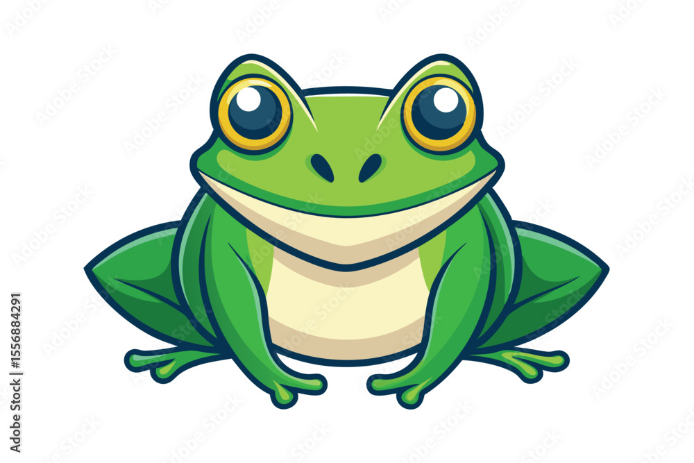 Fototapeta premium A cute green cartoon frog with large golden eyes sits calmly looking straight ahead
