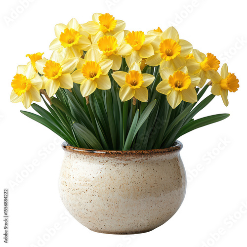 Wallpaper Mural A vibrant bouquet of yellow daffodils with green leaves in a rustic ceramic pot isolated on transparent background Torontodigital.ca