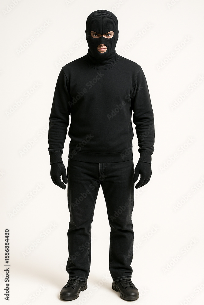 Realistic Full-Body Portrait of a Thief on White Background Realistic Full-Body Portrait of a Thief on White Background