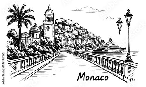 Monaco cityscape sketch illustration with buildings, road, palm tree, yacht and streetlights