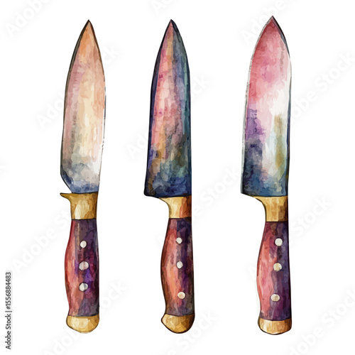 Knife Set, watercolor clipart vector, isolated on a white background.