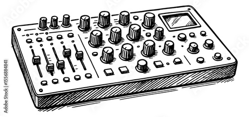Illustration of audio mixer with knobs and sliders in black and white engraving style