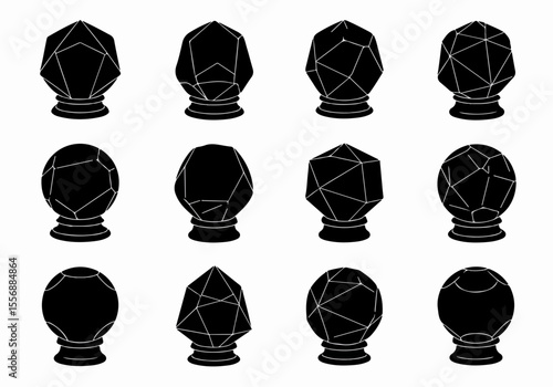 Set of black geometric and crystal-like silhouettes on stands, including faceted, polygonal, and spherical shapes.
