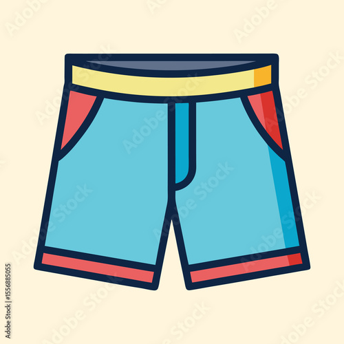 Retro style cartoon swimming shorts, vibrant colors, summer apparel illustration