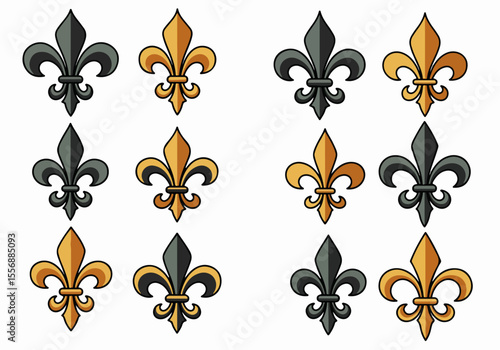 Repeating pattern of gold and grey fleur-de-lis symbols on a white background
