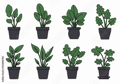 Simple flat design illustrations of assorted potted houseplants, perfect for indoor decor themes.
