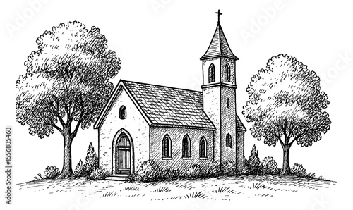 Hand Drawn Illustration of Church Building with Trees, Black and White Sketch