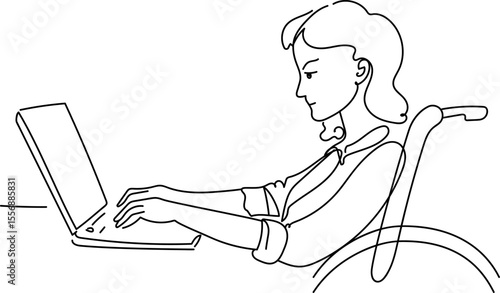 Woman in wheelchair working at laptop, providing online support in a continuous line art style. Remote work concept. Continuous line art vector illustration.