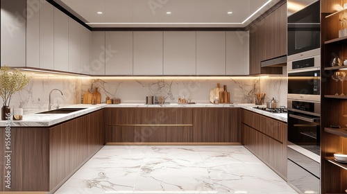 Modern, elegant kitchen with marble countertops and wooden cabinets