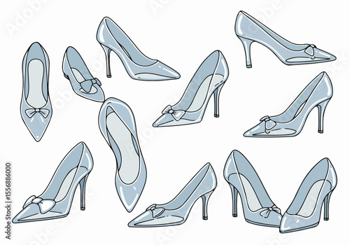 Collection of blue high-heeled shoes and pumps with bow detail illustrations on white background