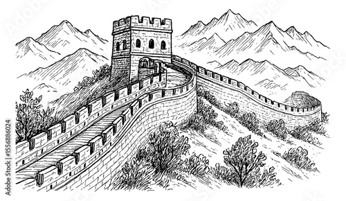 Detailed black and white drawing of The Great Wall of China and mountains