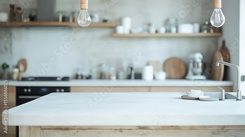 Modern kitchen countertop with empty space.