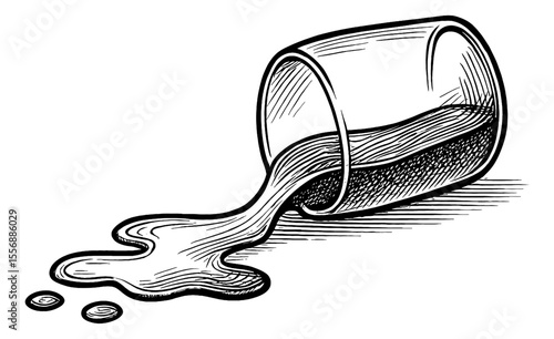 Illustration of Spilled Liquid from Tilted Glass in Black and White Line Art Style