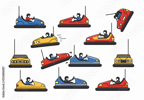 Collection of colorful bumper cars with stick figure drivers in various action poses including collisions, isolated on a white background illustration.