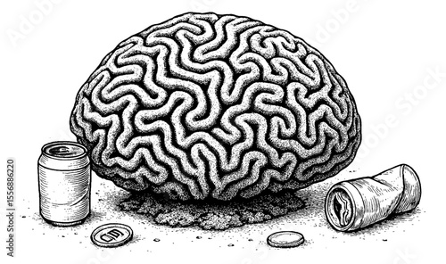 Brain with Soda Cans Illustration with Detailed Black and White Outline Line Art Drawing