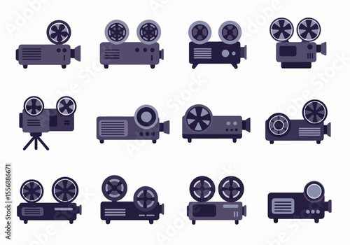 Collection of Flat Design Projector Icons, including Film Projectors and Modern Video Projectors, isolated on white background.