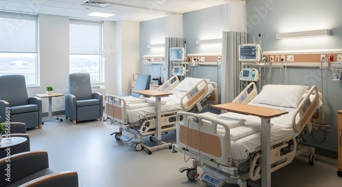 Modern, clean hospital room with beds, medical equipment, and chairs.