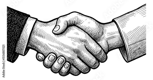 Handshake Drawing Illustration, Two Hands Shaking with Detailed Line Work in Black and White