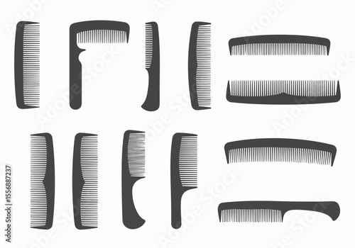 Set of various dark silhouette combs on a white background, vector illustrations of different hair styling tools.