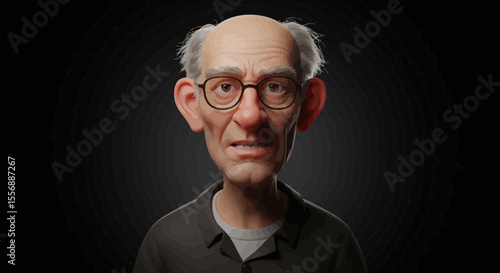 Detailed 3D render of an elderly man with glasses against a dark background