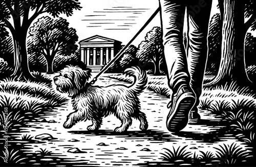 Dog on leash walking with owner in park illustration art in black and white