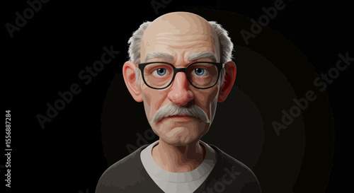 Cartoonish rendering of an elderly man with glasses against a black background