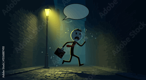 Cartoon businessman runs in fear through a dark alley with overhead thought bubble
