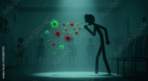 Infected stick figure coughing and spreading viruses in a public waiting area