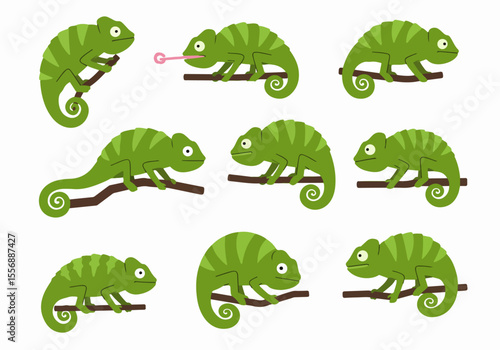 Set of Cute Cartoon Green Chameleon Illustrations in Various Poses on Branches on a White Background