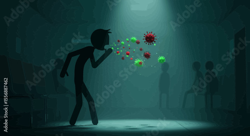 Illustration showcasing a person coughing and spreading virus in a waiting room