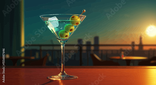 Martini glass with olives on a bar with cityscape sunset background illustration