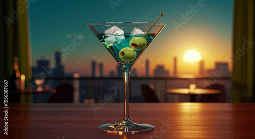 Elegant martini cocktail with olives against a stunning city skyline at sunset