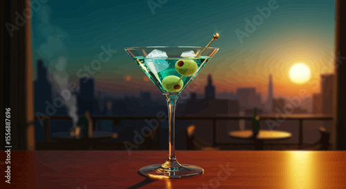 Elegant Martini with Olives against a Vibrant Cityscape Sunset Backdrop
