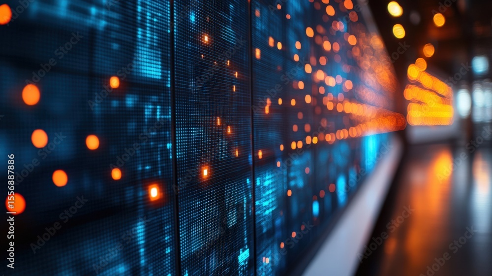 Fototapeta premium Blue server racks with orange lights blurred background