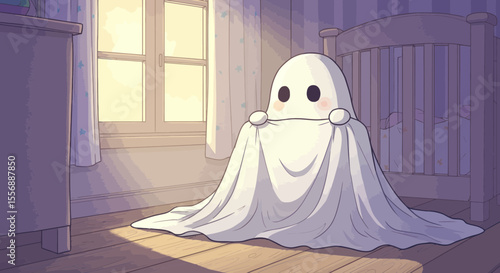 Cute cartoon ghost in a child's bedroom, with pastel colors and a playful design