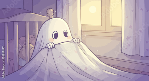 A cute ghost hiding in a bed, staring out the window during a softly lit night