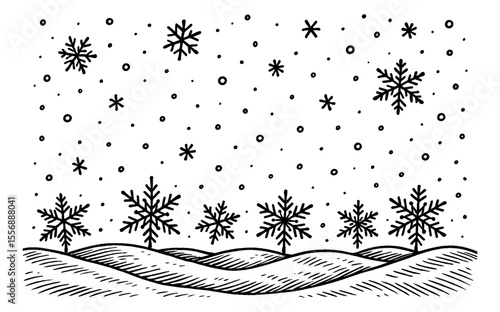 Snowflakes falling on a winter landscape in black and white engraving style