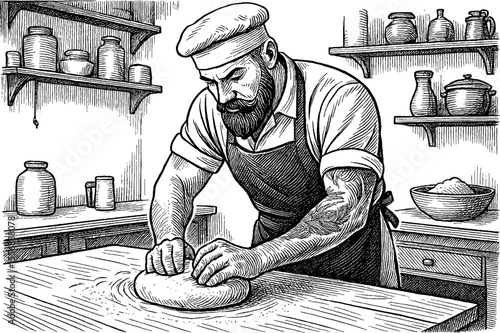 Bearded Man Kneading Dough on a Table in Kitchen with Shelves in Detailed Black and White Art