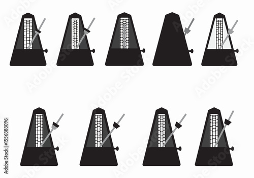 Set of simple vector illustrations showing different states of a metronome, a classic tool for musical rhythm and tempo control.