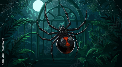 Black Widow Spider in a Mysterious Garden Setting with a Full Moon Shining