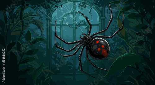 Eerie Halloween Illustration: Black Widow Spider with Web and Botanical Backdrop