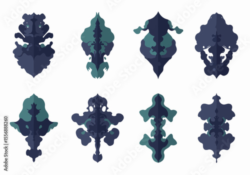 Rorschach Inkblot Test Patterns - Abstract psychological shapes in dark blue and teal on white background.