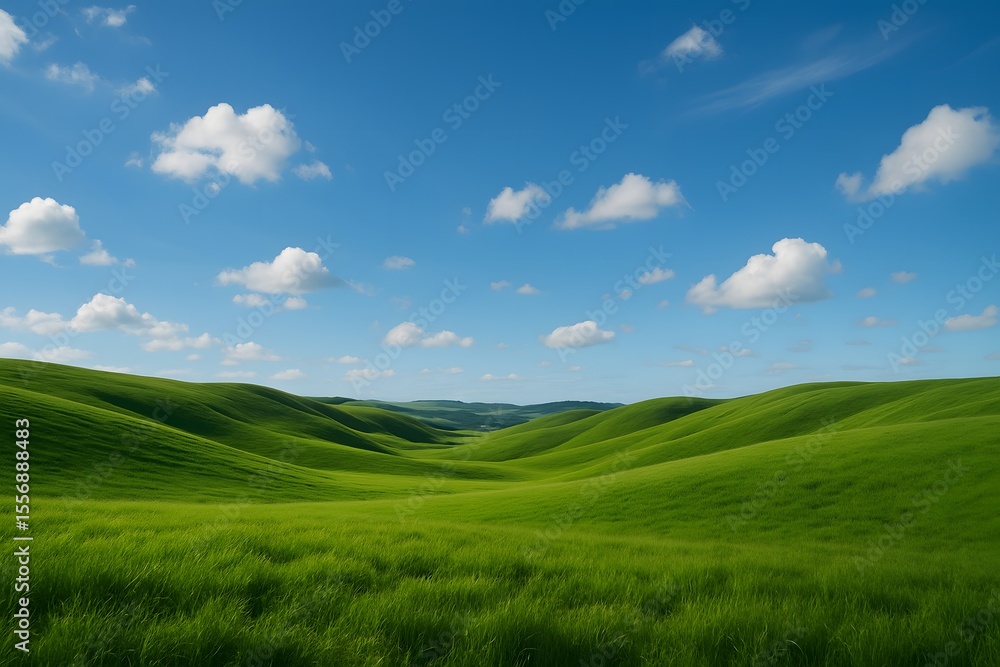 Naklejka premium Lush Green Hills Under Bright Sky with Fluffy White Clouds