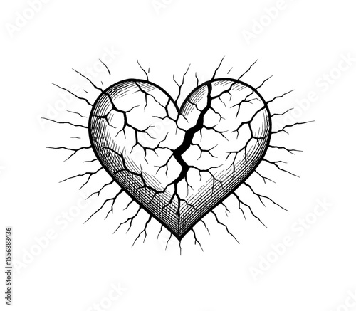 Illustration of Broken Heart with Cracks on White Background in Engrave Art Style