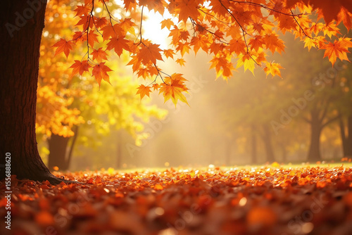 autumn leaves falling from a tree in a park