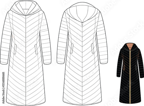 Long hooded puffer coat flat sketch, technical winter jacket design, front and back view, fashion template, down outerwear illustration

 flat vector illustration