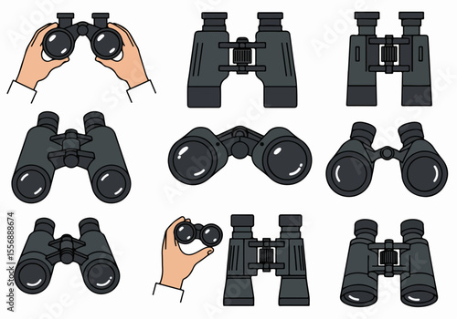Set of Hand Drawn Cartoon Illustrations of Dark Grey Binoculars in Various Views and Held by Hands on a White Background